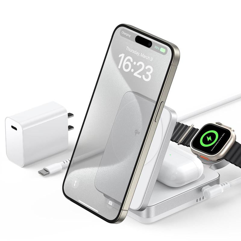 3-in-1 Foldable MagSafe Charging Stand — Qi2 Fast Wireless Charger for iPhone, AirPods & Watch + 30W Adapter