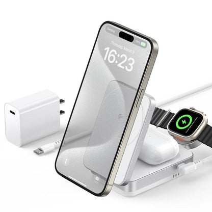 3-in-1 Foldable MagSafe Charging Stand — Qi2 Fast Wireless Charger for iPhone, AirPods & Watch + 30W Adapter