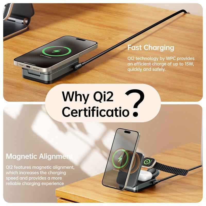 3-in-1 Foldable MagSafe Charging Stand — Qi2 Fast Wireless Charger for iPhone, AirPods & Watch + 30W Adapter