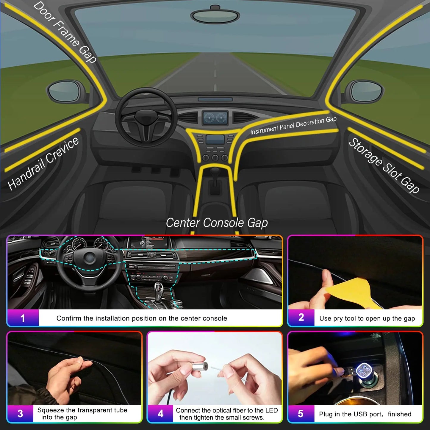 ✅ "RGB Neon Interior Car Lights — Fiber Optic Strip Kit with App & Remote Control for Ultimate Atmosphere"