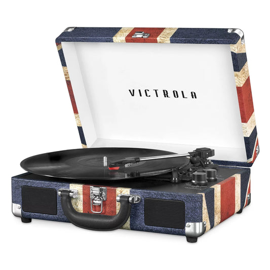 Vintage-Style Bluetooth Suitcase Record Player — 3-Speed Turntable with Union Jack Cover (The Journey)
