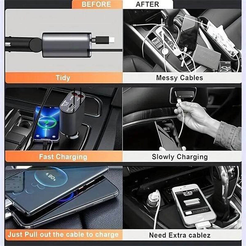Ultimate 4-in-1 Retractable Car Charger — Fast Charge Your iPhone, Samsung & Google on the Go!