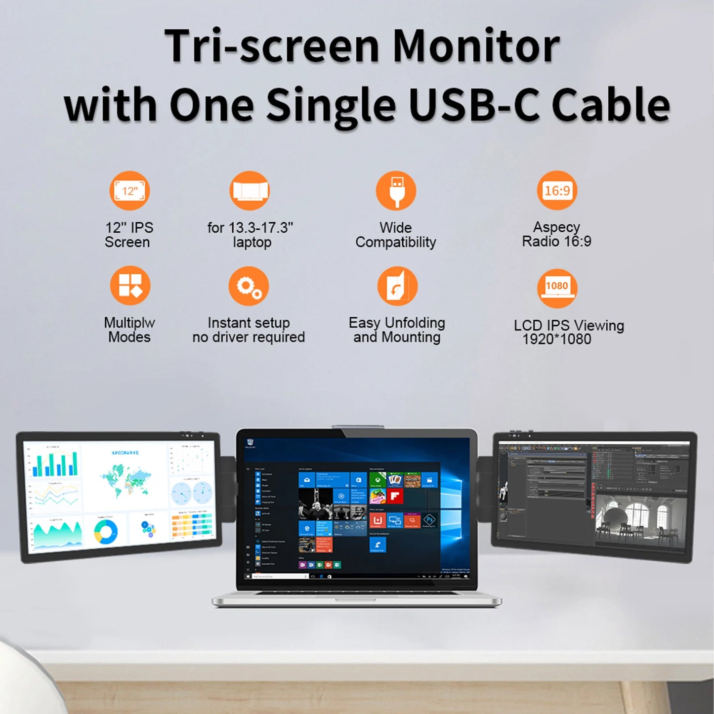 Portable 12'' Dual Monitor Extender — Full HD IPS Laptop Second Screen for MacBook, Huawei & PC