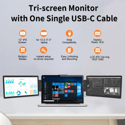 Portable 12'' Dual Monitor Extender — Full HD IPS Laptop Second Screen for MacBook, Huawei & PC