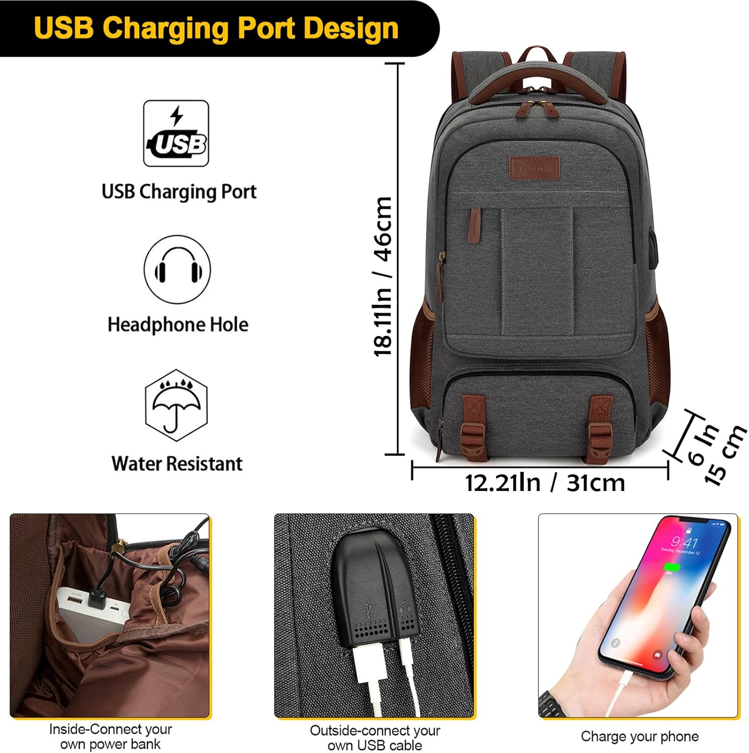 Travel Canvas Laptop Backpack — Fits 15.6'' Laptops, USB Charging Port, Stylish Work & School Bag for Men & Women (Dark Grey)