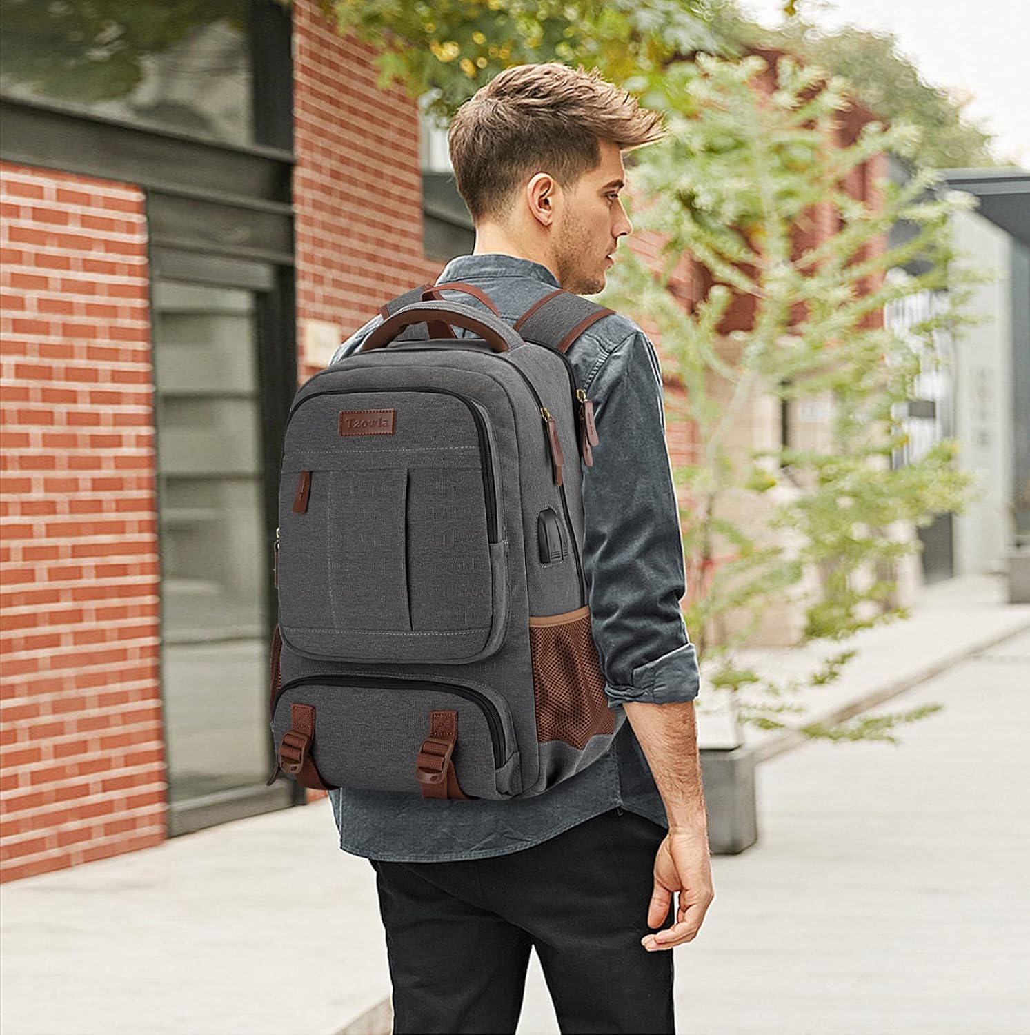 Travel Canvas Laptop Backpack — Fits 15.6'' Laptops, USB Charging Port, Stylish Work & School Bag for Men & Women (Dark Grey)