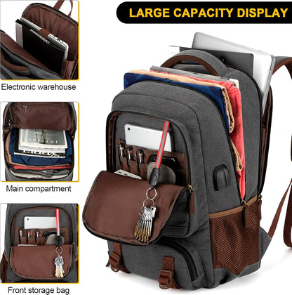 Travel Canvas Laptop Backpack — Fits 15.6'' Laptops, USB Charging Port, Stylish Work & School Bag for Men & Women (Dark Grey)