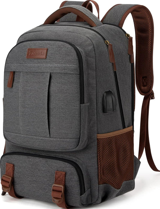 Travel Canvas Laptop Backpack — Fits 15.6'' Laptops, USB Charging Port, Stylish Work & School Bag for Men & Women (Dark Grey)