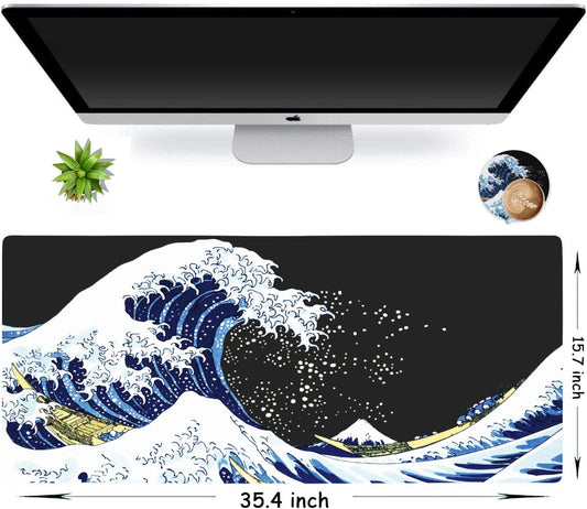 Oversized Japanese Wave Mouse Pad — Smooth, Anti-Slip Desk Mat for Gaming, Work & Home