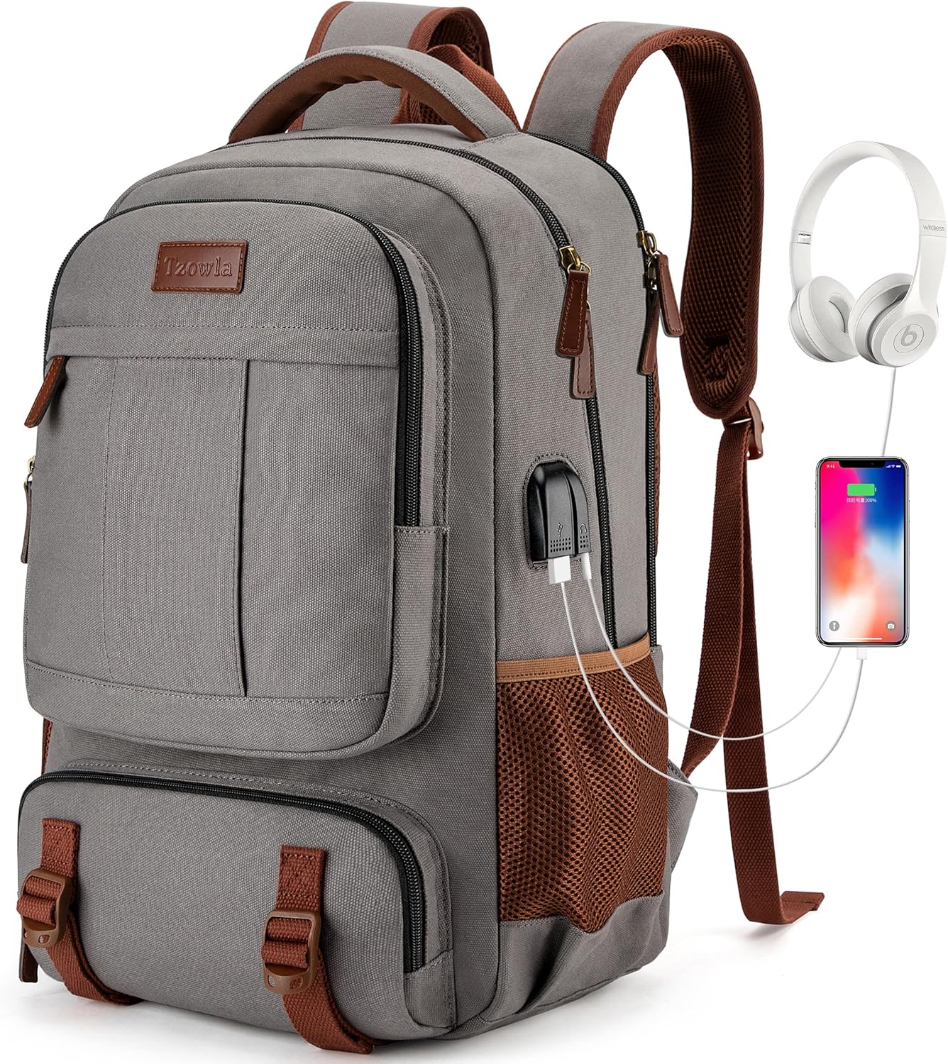 Travel Canvas Laptop Backpack — Fits 15.6'' Laptops, USB Charging Port, Stylish Work & School Bag for Men & Women (Dark Grey)