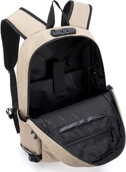 Anti-Theft Slim Laptop Backpack — Water-Resistant Travel Bag with USB Charging, Headphone Port & Lock, Fits 15.6'' Laptops (Gold)