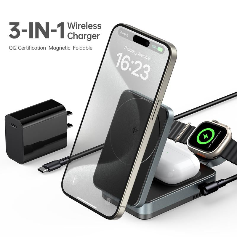 3-in-1 Foldable MagSafe Charging Stand — Qi2 Fast Wireless Charger for iPhone, AirPods & Watch + 30W Adapter