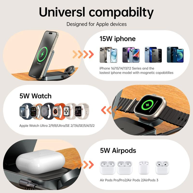 3-in-1 Foldable MagSafe Charging Stand — Qi2 Fast Wireless Charger for iPhone, AirPods & Watch + 30W Adapter
