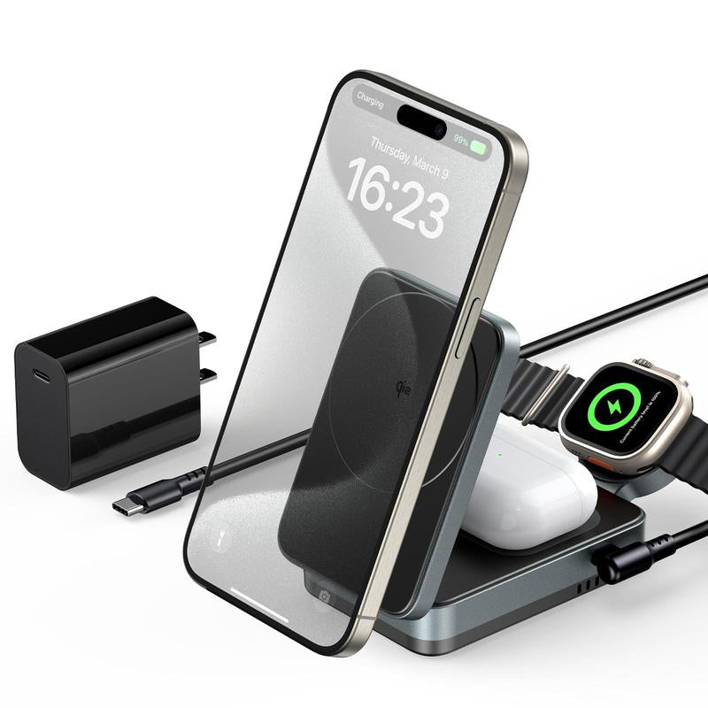 3-in-1 Foldable MagSafe Charging Stand — Qi2 Fast Wireless Charger for iPhone, AirPods & Watch + 30W Adapter