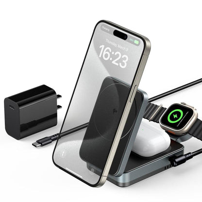 3-in-1 Foldable MagSafe Charging Stand — Qi2 Fast Wireless Charger for iPhone, AirPods & Watch + 30W Adapter
