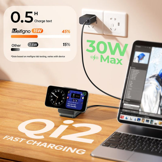 3-in-1 Foldable MagSafe Charging Stand — Qi2 Fast Wireless Charger for iPhone, AirPods & Watch + 30W Adapter