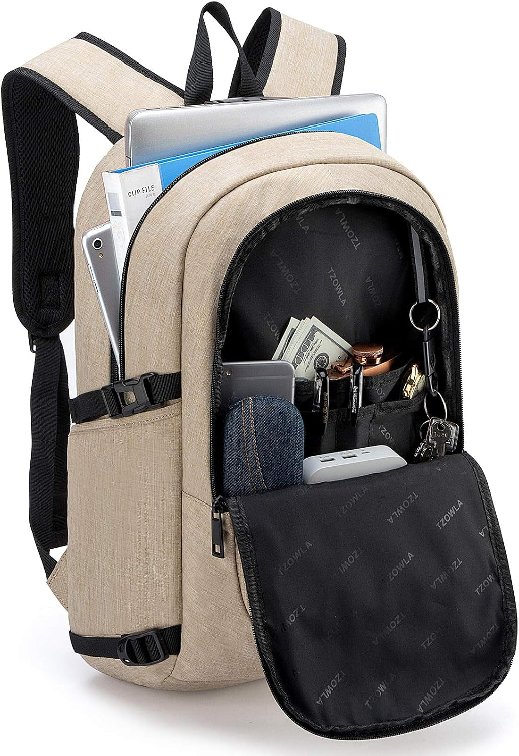 Anti-Theft Slim Laptop Backpack — Water-Resistant Travel Bag with USB Charging, Headphone Port & Lock, Fits 15.6'' Laptops (Gold)